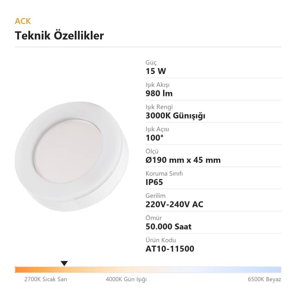 ACK 15W 3000K Günışığı 980 lm Yuvarlak LED Bulkhead Armatür (ABS Gövde) AT10-11500 - 4