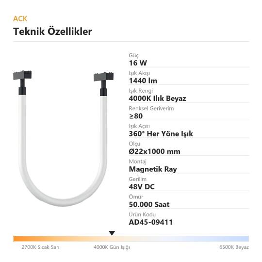 ACK 16W 4000K Ilık Beyaz 48V Magnetik Ray Armatürü Esnek Bükülebilir (Neon Hortum) Sarkıt AD45-09411 - 4