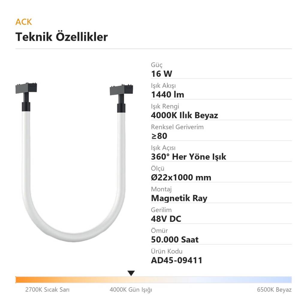 ACK 16W 4000K Ilık Beyaz 48V Magnetik Ray Armatürü Esnek Bükülebilir (Neon Hortum) Sarkıt AD45-09411 - 4