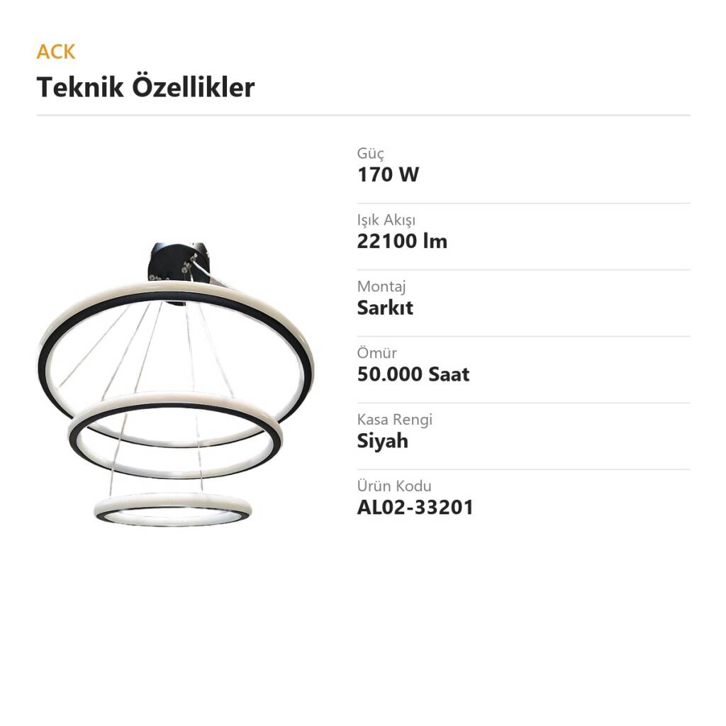 ACK 170W Çok Katlı (Halkalı) Devasa Dekoratif Sarkıt Avize 40x60x80 cm (Kalın 3 Katlı Halka) Siyah Kasa AL02-33201 - 4