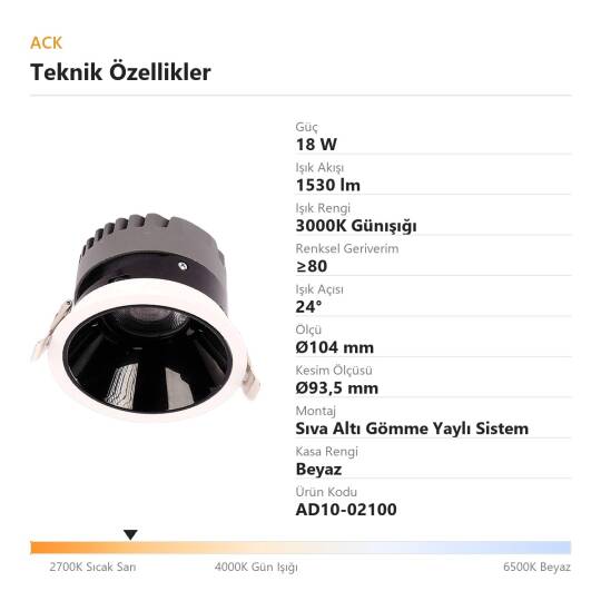 ACK 18W 3000K Günışığı 1530lm Kamaşma Önleyici (Dark Light) Sıva Altı Spot (Ø104 mm Beyaz Kasa) AD10-02100 - 4