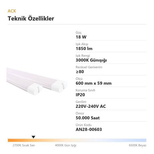 ACK 18W 3000K Günışığı 1850lm Uranüs LED Bant Armatür AN28-00603 - 4