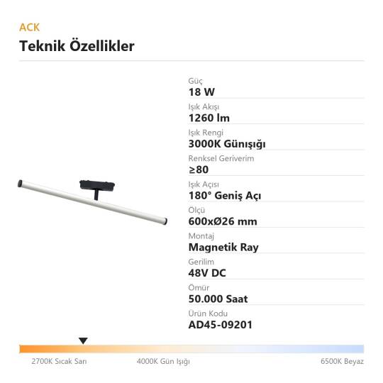 ACK 18W 3000K Günışığı 48V Magnetik Ray Armatürü Düz Silindir Boru Spot AD45-09201 - 4