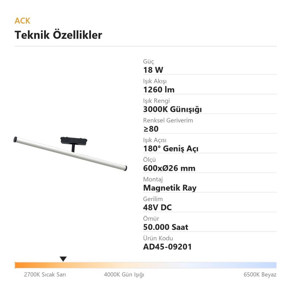 ACK 18W 3000K Günışığı 48V Magnetik Ray Armatürü Düz Silindir Boru Spot AD45-09201 - 4