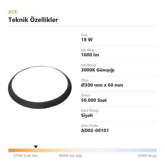 ACK 18W 3000K Günışığı Düz (Sensörsüz) LED Tavan Armatürü / Bulkhead (Siyah Kasa) AD02-00101 - 4