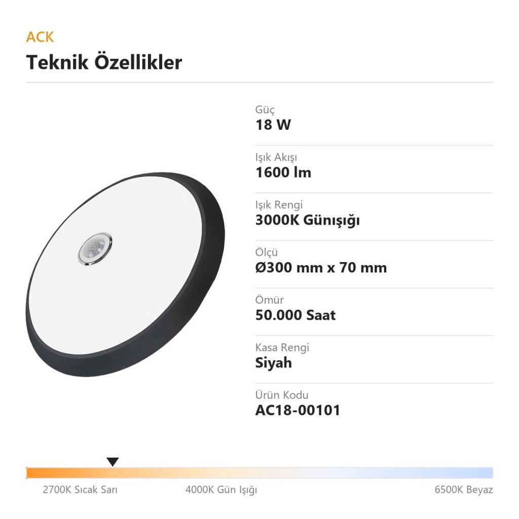 ACK 18W 3000K Günışığı PIR Hareket Sensörlü LED Tavan Armatürü - Acil Aydınlatma Kitli (2 Saat) (Siyah Kasa) AC18-00101 - 4