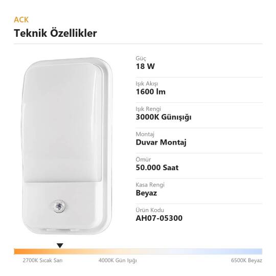 ACK 18W 3000K Günışığı PIR Sensörlü Dış/İç Mekan LED Aplik (Beyaz Kasa) AH07-05300 - 4