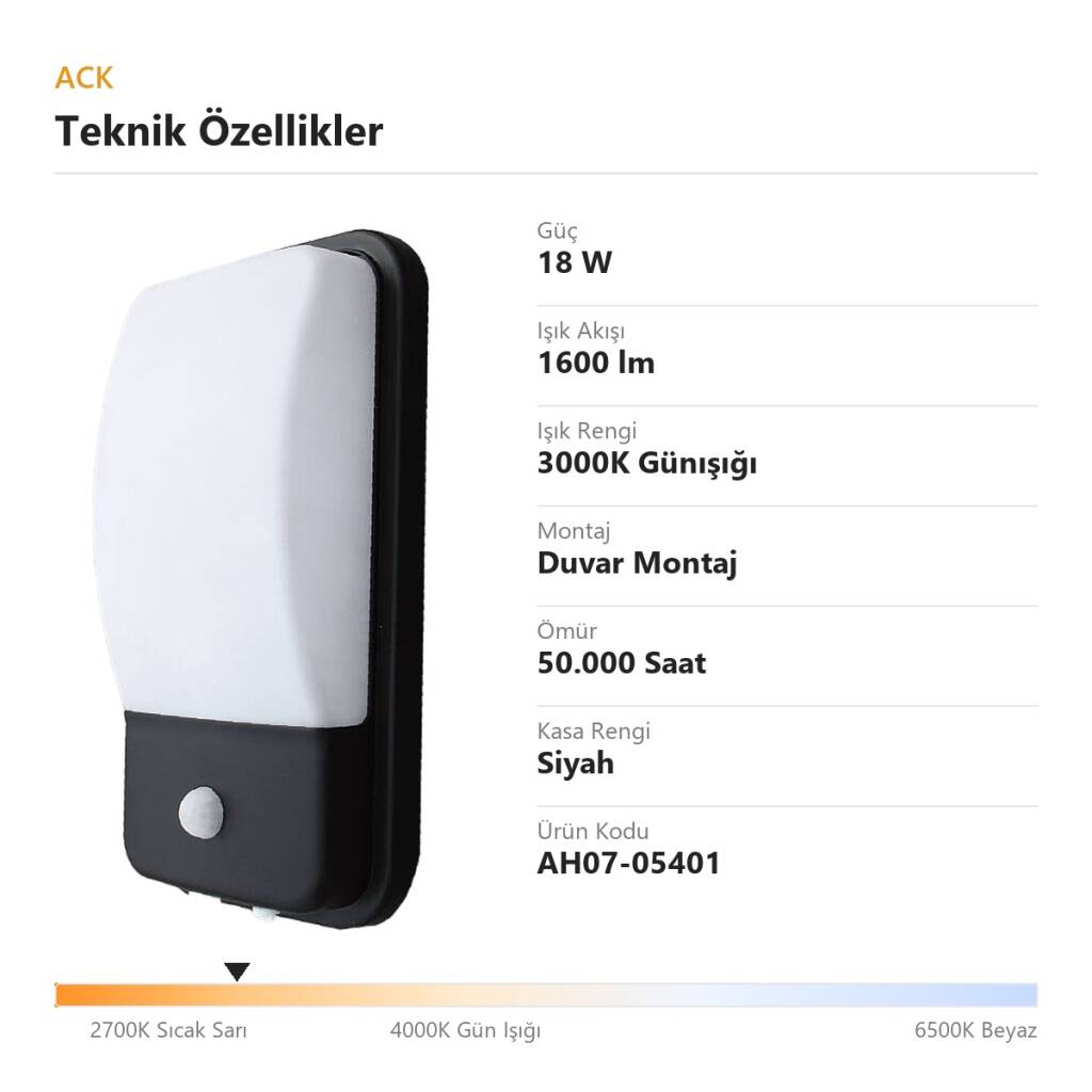 ACK 18W 3000K Günışığı PIR Sensörlü Dış/İç Mekan LED Aplik (Siyah Kasa) AH07-05401 - 4