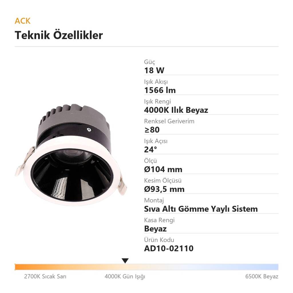 ACK 18W 4000K Ilık Beyaz 1566lm Kamaşma Önleyici (Dark Light) Sıva Altı Spot (Ø104 mm Beyaz Kasa) AD10-02110 - 4