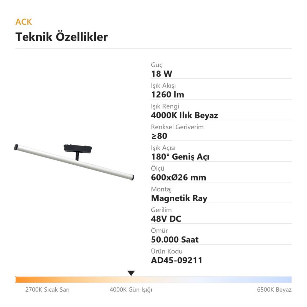 ACK 18W 4000K Ilık Beyaz 48V Magnetik Ray Armatürü Düz Silindir Boru Spot AD45-09211 - 4