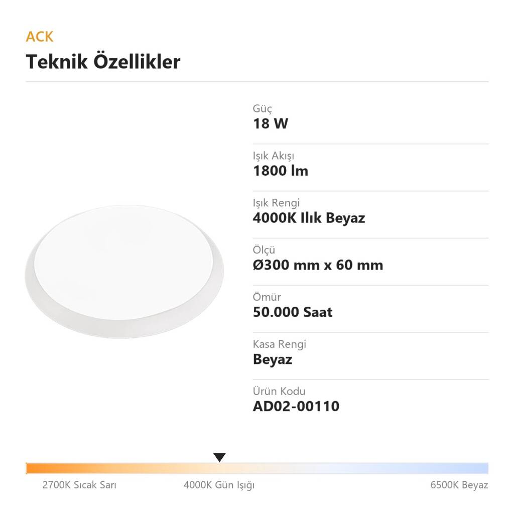 ACK 18W 4000K Ilık Beyaz Düz (Sensörsüz) LED Tavan Armatürü / Bulkhead (Beyaz Kasa) AD02-00110 - 4