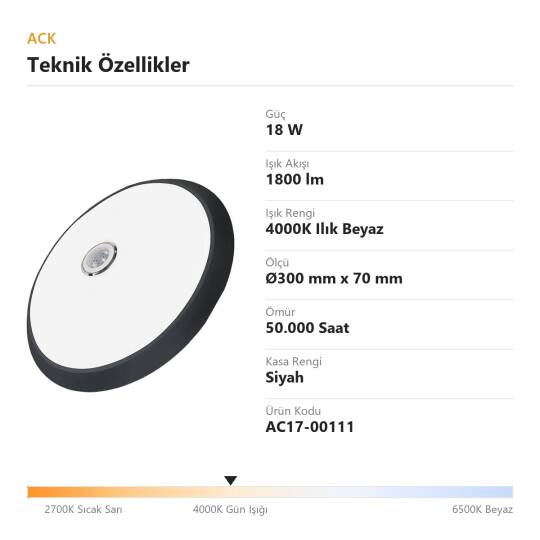 ACK 18W 4000K Ilık Beyaz PIR Hareket Sensörlü LED Tavan Armatürü (Siyah Kasa) AC17-00111 - 4
