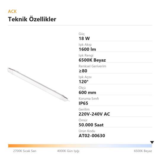 ACK 18W 600mm 6500K Beyaz LED Bant Etanj Armatürü AT02-00630 - 4