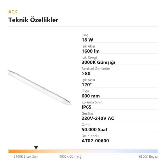 ACK 18W 600mm 3000K Günışığı LED Bant Etanj Armatürü AT02-00600 - 4