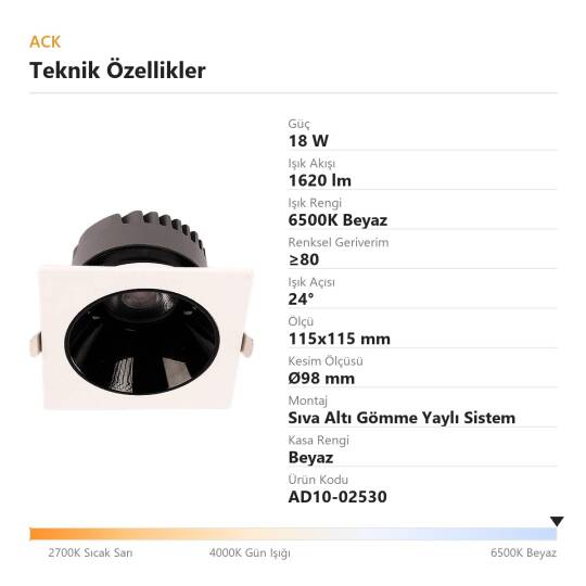 ACK 18W 6500K Beyaz 1620lm Kamaşma Önleyici (Dark Light) Sıva Altı Kare Spot (115x115 mm Beyaz Kasa) AD10-02530 - 4