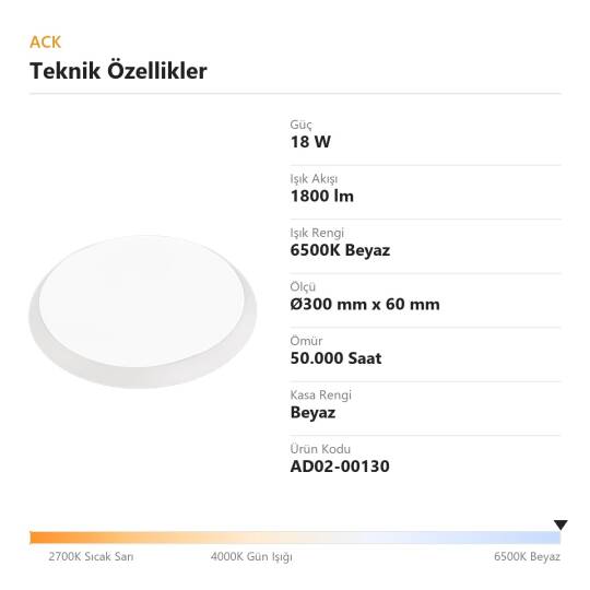 ACK 18W 6500K Beyaz Düz (Sensörsüz) LED Tavan Armatürü / Bulkhead (Beyaz Kasa) AD02-00130 - 4