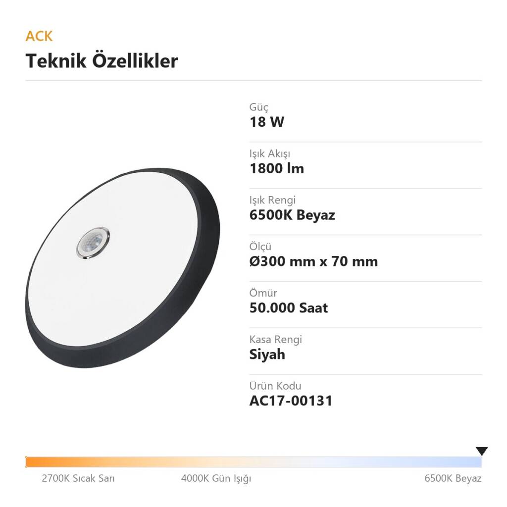 ACK 18W 6500K Beyaz PIR Hareket Sensörlü LED Tavan Armatürü (Siyah Kasa) AC17-00131 - 4
