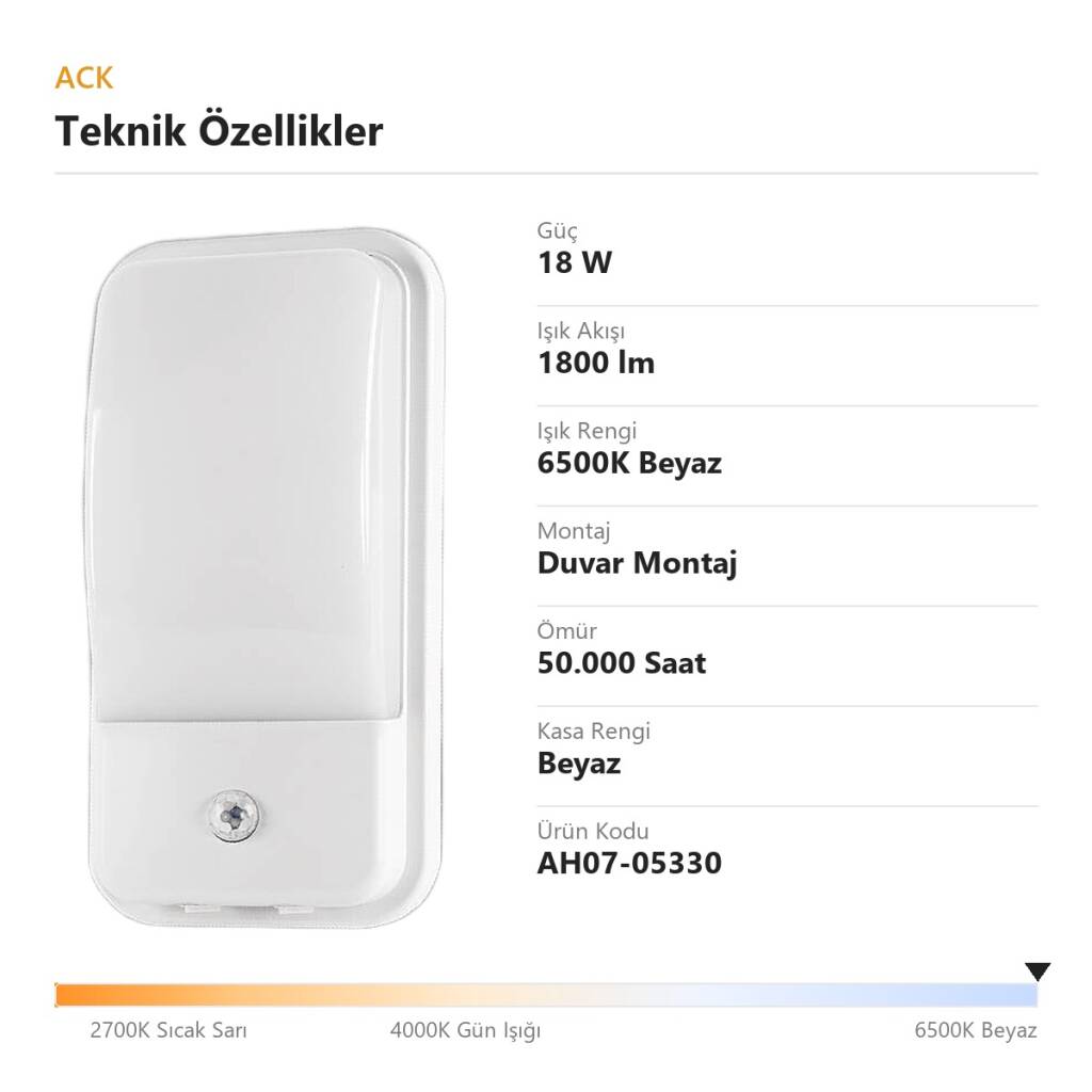 ACK 18W 6500K Beyaz PIR Sensörlü Dış/İç Mekan LED Aplik (Beyaz Kasa) AH07-05330 - 4