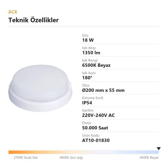 ACK 18W 6500K Beyaz 1350 lm Yuvarlak LED Bulkhead Armatür AT10-01830 - 4