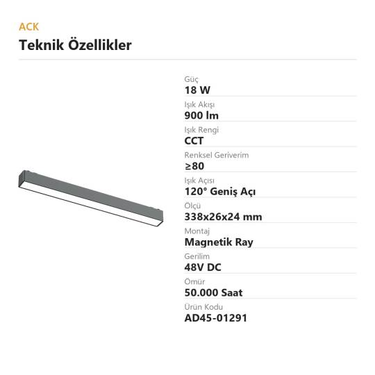 ACK 18W CCT (3 Renk) 48V Magnetik Ray Armatürü Düz (Lineer) Siyah Kasa AD45-01291 - 4