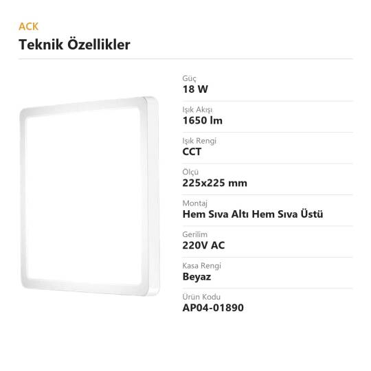 ACK 18W CCT Renk Ayarlı Kare Led Panel (225x225 mm Beyaz Kasa) AP04-01890 - 4