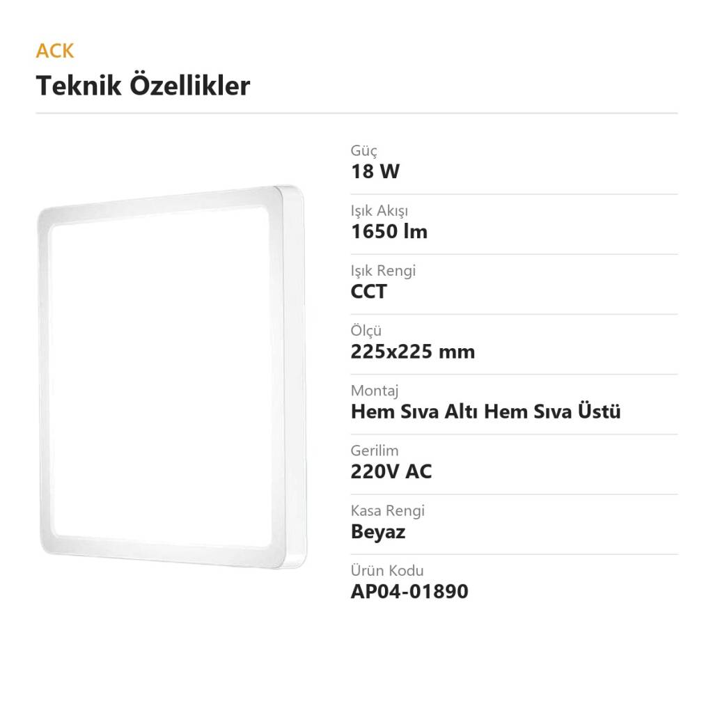 ACK 18W CCT Renk Ayarlı Kare Led Panel (225x225 mm Beyaz Kasa) AP04-01890 - 4