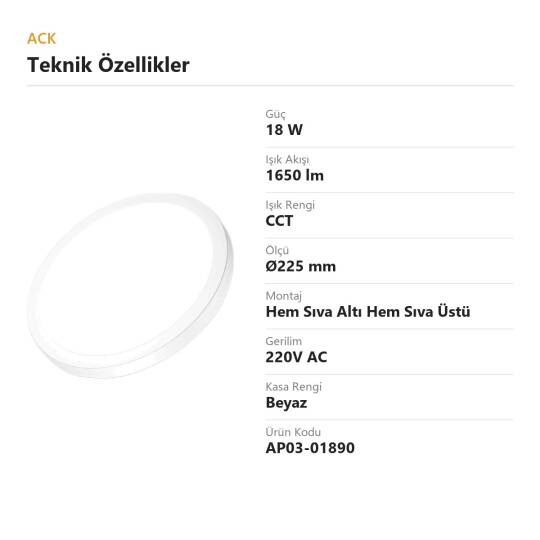 ACK 18W CCT Renk Ayarlı Yuvarlak Led Panel (Ø225 mm Beyaz Kasa) AP03-01890 - 4