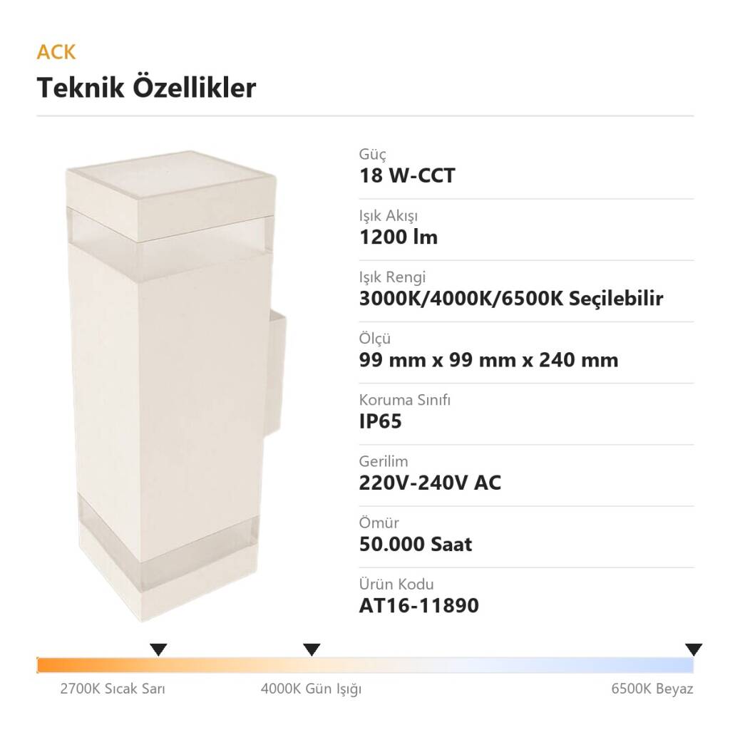 ACK 18W-CCT Seçilebilir Renk Sıcaklıklı 1200 lm LED Duvar Apliği (Beyaz) AT16-11890 - 4