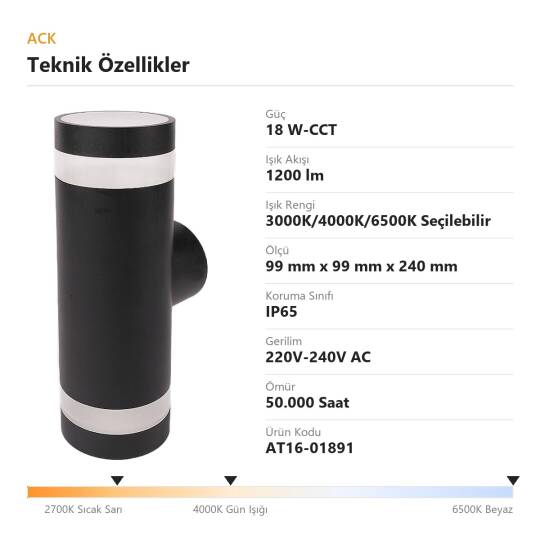 ACK 18W-CCT Seçilebilir Renk Sıcaklıklı 1200 lm LED Duvar Apliği (Siyah) AT16-01891 - 4