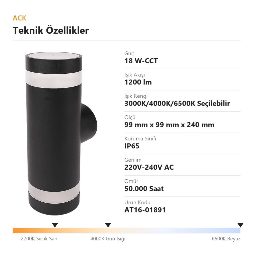 ACK 18W-CCT Seçilebilir Renk Sıcaklıklı 1200 lm LED Duvar Apliği (Siyah) AT16-01891 - 4