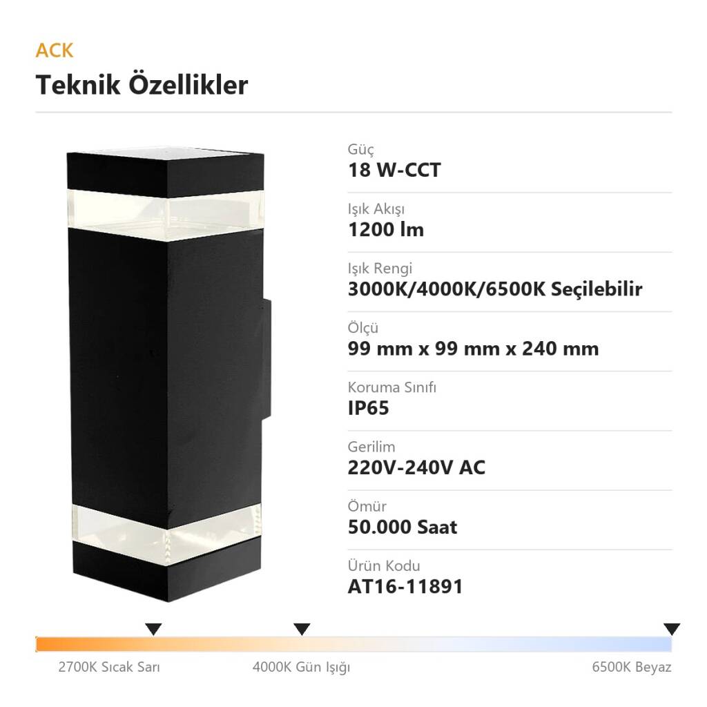 ACK 18W-CCT Seçilebilir Renk Sıcaklıklı 1200 lm LED Duvar Apliği (Siyah) AT16-11891 - 4