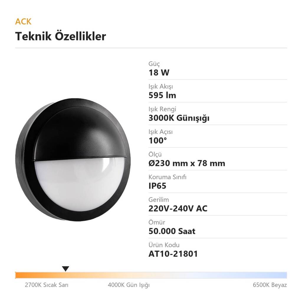 ACK 18W 3000K Günışığı 595 lm Yuvarlak LED Bulkhead Armatür (PP Gövde) AT10-21801 - 4