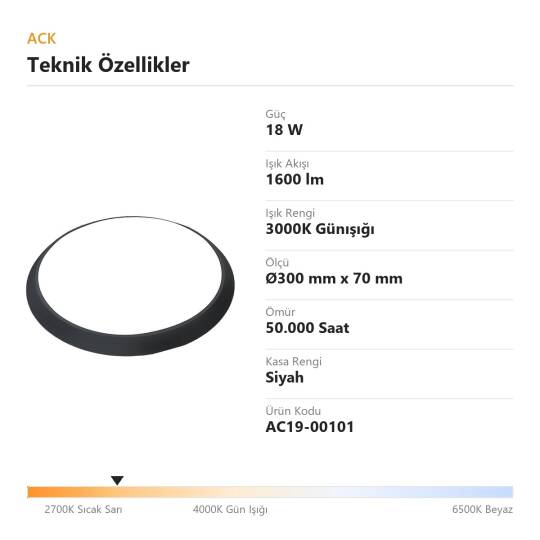 ACK 18W (Radar) 3000K Günışığı Mikrodalga Radar Sensörlü LED Tavan Armatürü (Siyah Kasa) AC19-00101 - 4