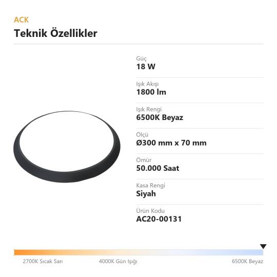 ACK 18W (Radar + Acil Kit) 6500K Beyaz Mikrodalga Radar Sensörlü LED Tavan Armatürü - Acil Aydınlatma Kitli (2 Saat) (Siyah Kasa) AC20-00131 - 4