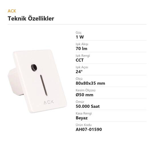 ACK 1W CCT (3 Renk) Sensörlü Gömme LED Merdiven Apliği Kare (Dik Çizgi Hüzmeli) (Beyaz Kasa) AH07-01590 - 4