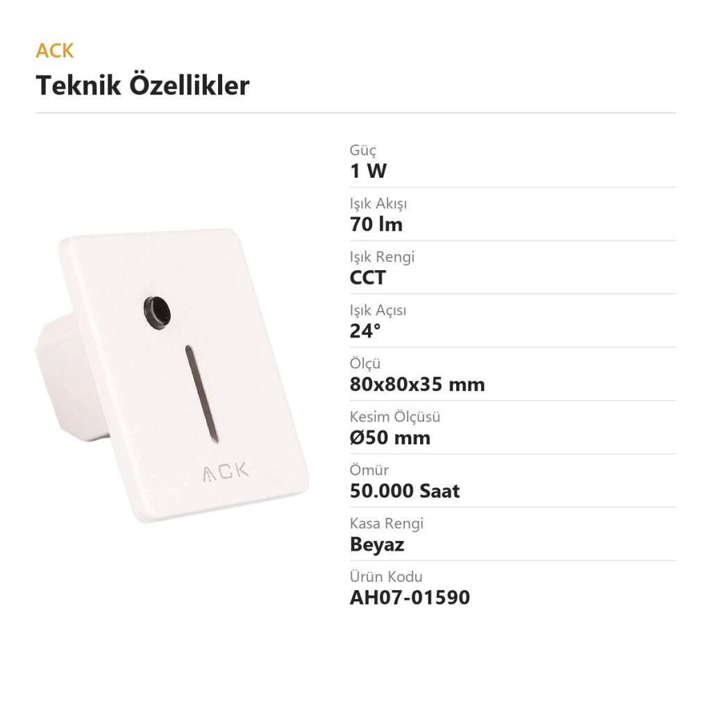 ACK 1W CCT (3 Renk) Sensörlü Gömme LED Merdiven Apliği Kare (Dik Çizgi Hüzmeli) (Beyaz Kasa) AH07-01590 - 4