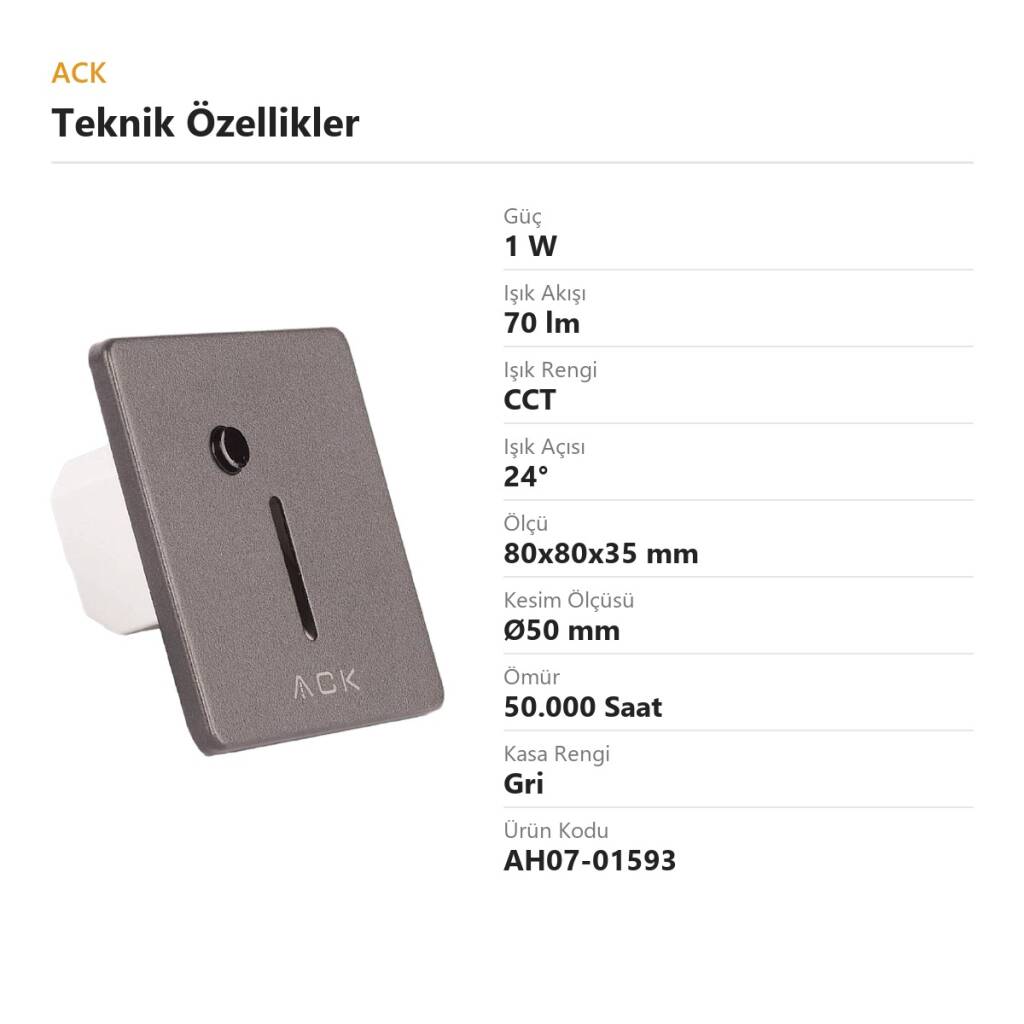 ACK 1W CCT (3 Renk) Sensörlü Gömme LED Merdiven Apliği Kare (Dik Çizgi Hüzmeli) (Gri Kasa) AH07-01593 - 4