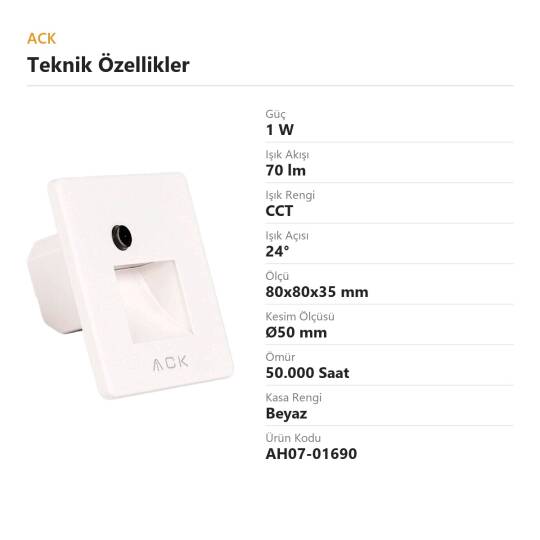 ACK 1W CCT (3 Renk) Sensörlü Gömme LED Merdiven Apliği Kare (Kare Hüzmeli) (Beyaz Kasa) AH07-01690 - 4