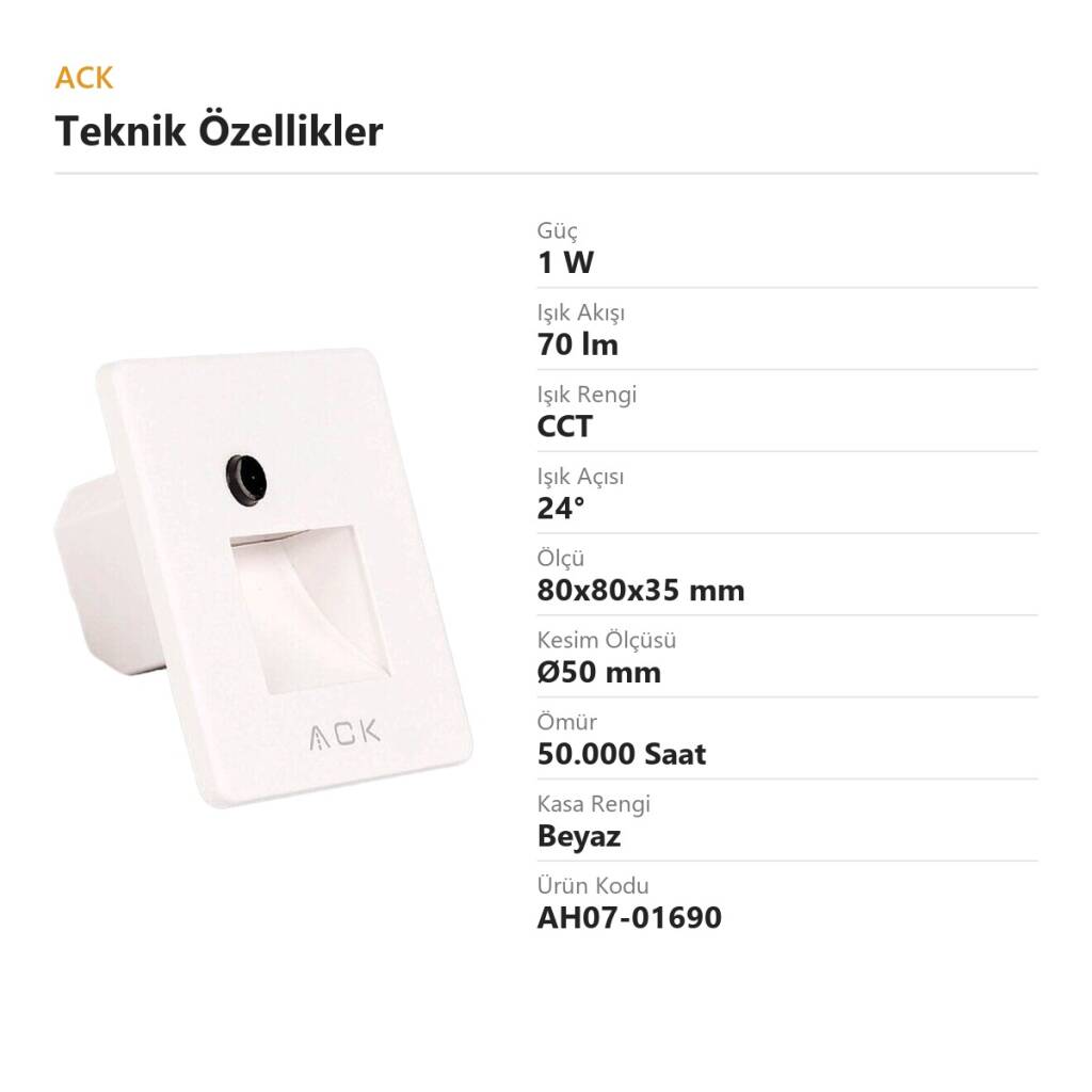 ACK 1W CCT (3 Renk) Sensörlü Gömme LED Merdiven Apliği Kare (Kare Hüzmeli) (Beyaz Kasa) AH07-01690 - 4