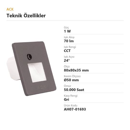 ACK 1W CCT (3 Renk) Sensörlü Gömme LED Merdiven Apliği Kare (Kare Hüzmeli) (Gri Kasa) AH07-01693 - 4