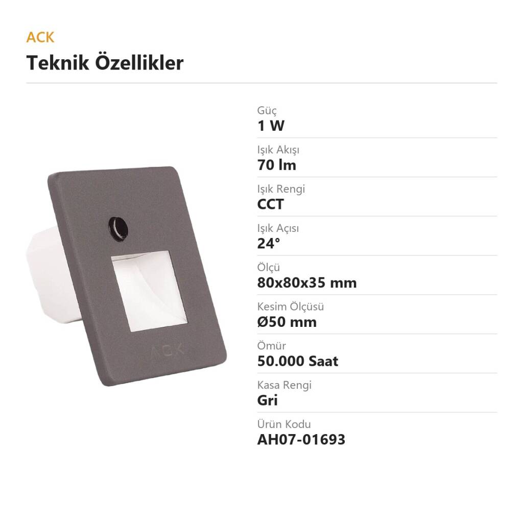 ACK 1W CCT (3 Renk) Sensörlü Gömme LED Merdiven Apliği Kare (Kare Hüzmeli) (Gri Kasa) AH07-01693 - 4