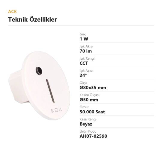 ACK 1W CCT (3 Renk) Sensörlü Gömme LED Merdiven Apliği Yuvarlak (Dik Çizgi Hüzmeli) (Beyaz Kasa) AH07-02590 - 4