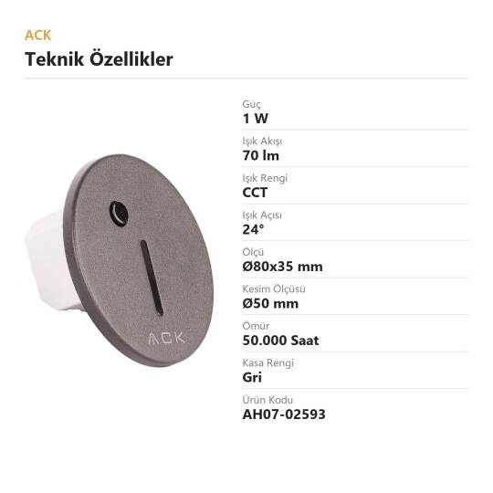 ACK 1W CCT (3 Renk) Sensörlü Gömme LED Merdiven Apliği Yuvarlak (Dik Çizgi Hüzmeli) (Gri Kasa) AH07-02593 - 4