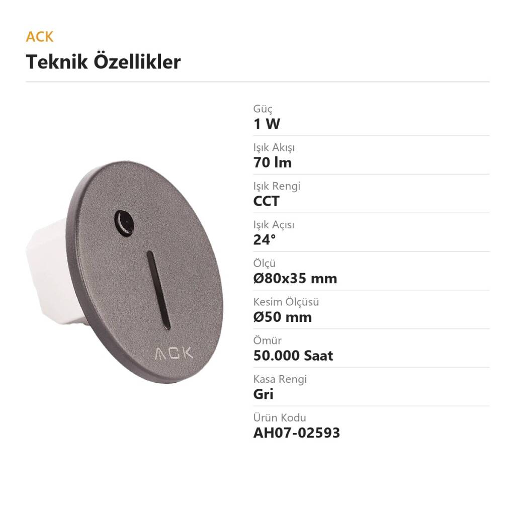 ACK 1W CCT (3 Renk) Sensörlü Gömme LED Merdiven Apliği Yuvarlak (Dik Çizgi Hüzmeli) (Gri Kasa) AH07-02593 - 4