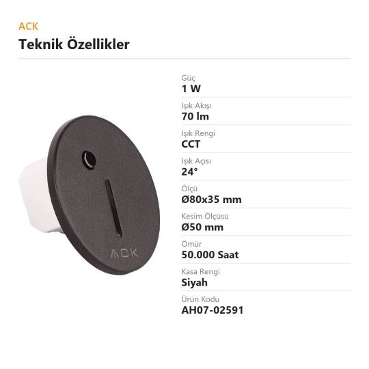 ACK 1W CCT (3 Renk) Sensörlü Gömme LED Merdiven Apliği Yuvarlak (Dik Çizgi Hüzmeli) (Siyah Kasa) AH07-02591 - 4