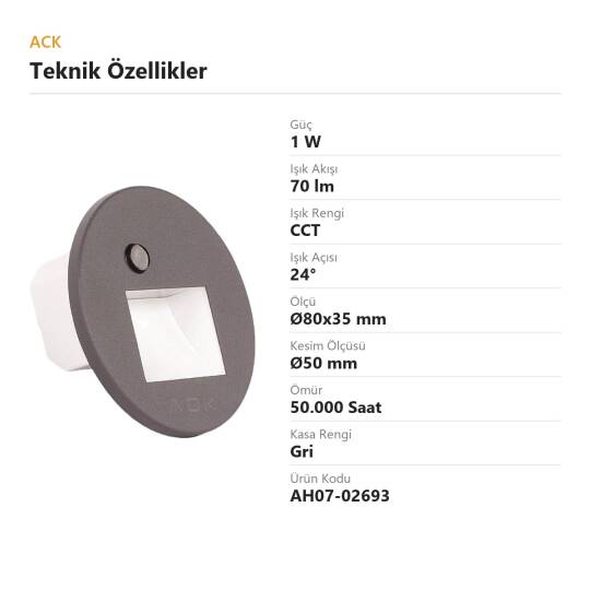 ACK 1W CCT (3 Renk) Sensörlü Gömme LED Merdiven Apliği Yuvarlak (Kare Hüzmeli) (Gri Kasa) AH07-02693 - 4