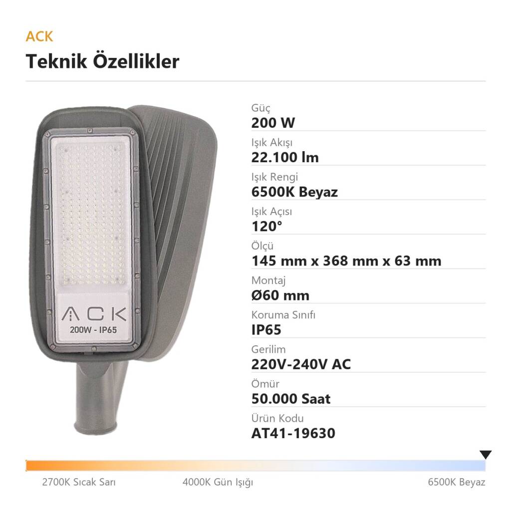 ACK 200W 6500K Beyaz 22.100 lm LED Sokak Armatürü (Gri) AT41-19630 - 4