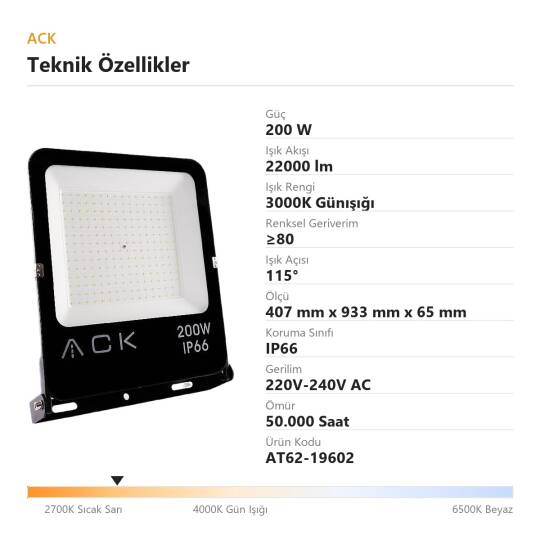 ACK 200W 3000K Günışığı LED Projektör AT62-19602 - 4