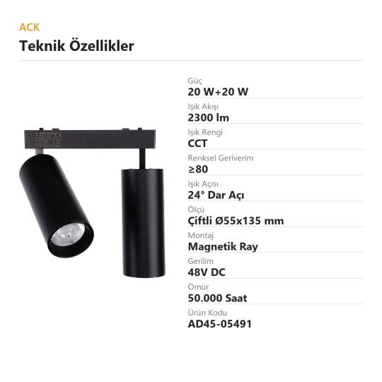 ACK 20W+20W CCT (3 Renk) 48V Magnetik Ray Armatürü Çiftli Yönlendirilebilir Spot Siyah Kasa AD45-05491 - 4