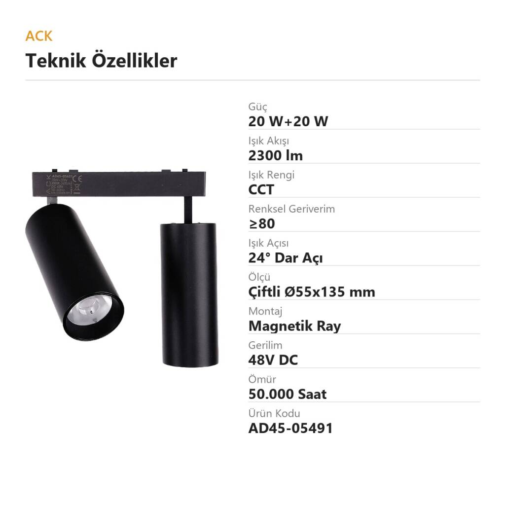 ACK 20W+20W CCT (3 Renk) 48V Magnetik Ray Armatürü Çiftli Yönlendirilebilir Spot Siyah Kasa AD45-05491 - 4